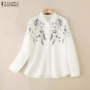 ZANZEA Женские винтажные свободные рубашки с цветочным принтом и длинным рукавом L белый