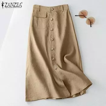 ZANZEA женские винтажные свободные трапециевидные юбки с высокой талией, однотонные хлопковые юбки S чёрный