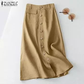 ZANZEA женские винтажные свободные трапециевидные юбки с высокой талией, однотонные хлопковые юбки