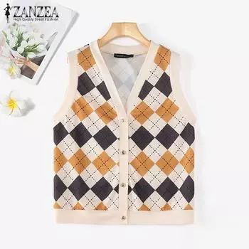 ZANZEA Женские винтажные свободные жилеты в клетку без рукавов с V-образным вырезом 4XL бежевый