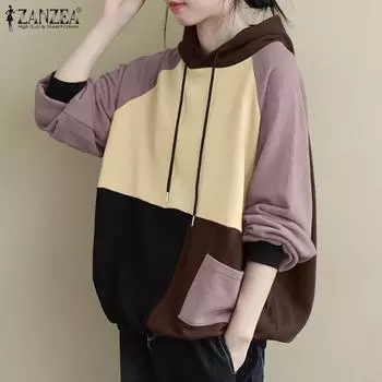 ZANZEA Женские винтажные толстовки с капюшоном и длинным рукавом контрастного цвета S жёлтый