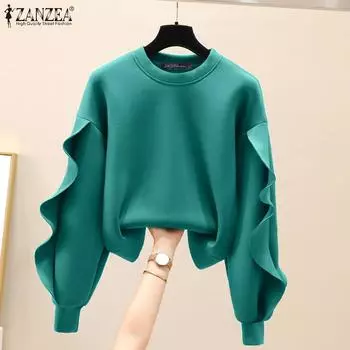ZANZEA Женские винтажные толстовки с круглым вырезом и длинным рукавом с оборками, однотонные пуловеры 2XL чёрный