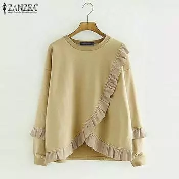 ZANZEA Женские винтажные толстовки с круглым вырезом и длинными рукавами с оборками и разрезами 2XL хаки
