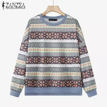 ZANZEA Женские винтажные пуловеры с круглым вырезом, длинным рукавом и полосатым принтом S зелёный