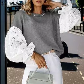 ZANZEA Женские винтажные толстовки с круглым вырезом и кружевом с длинным рукавом XL белый