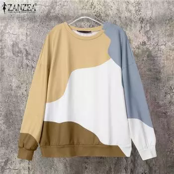 ZANZEA Женские винтажные толстовки с круглым вырезом и длинным рукавом в стиле колор-блок M жёлтый