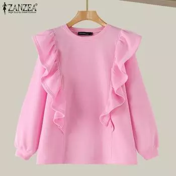 ZANZEA Женские винтажные толстовки с круглым вырезом и длинным рукавом большого размера M зелёный