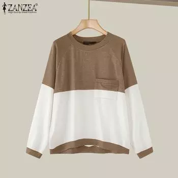 ZANZEA Женские винтажные трикотажные футболки с круглым вырезом и длинным рукавом с цветными блоками и карманами S оранжевый