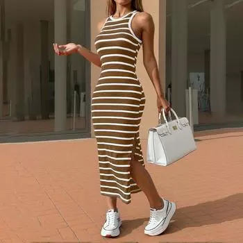ZANZEA Женские винтажные трикотажные платья с круглым вырезом без рукавов в полоску S коричневый