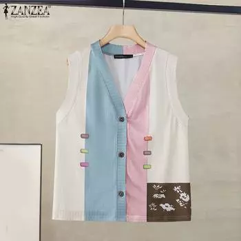 ZANZEA Женские винтажные трикотажные жилеты без рукавов с V-образным вырезом и цветочным принтом S розовый