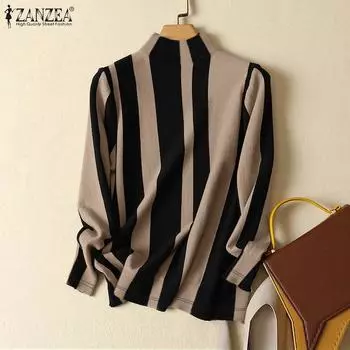 ZANZEA Женские винтажные водолазки с длинным рукавом, контрастные цветные полосатые футболки S бежевый