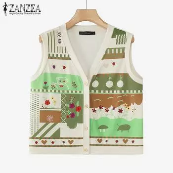 ZANZEA Женские винтажные жилеты без рукавов с V-образным вырезом и принтом S бежевый