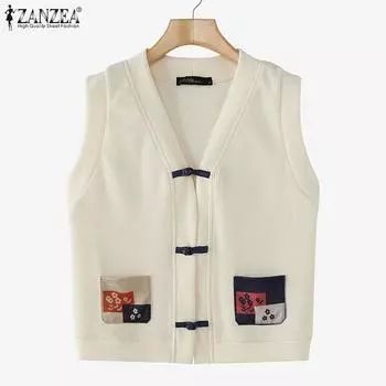 ZANZEA Женские винтажные жилеты без рукавов с V-образным вырезом и карманами 3XL бежевый