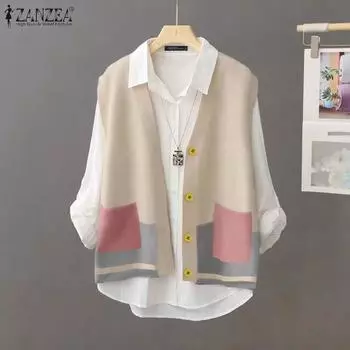 ZANZEA Женские винтажные жилеты без рукавов с цветными карманами S темно-синий