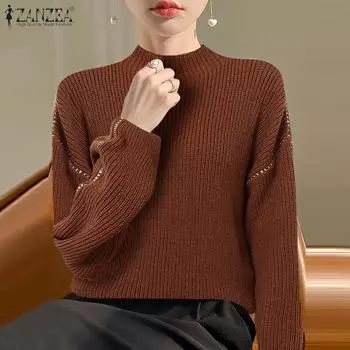 ZANZEA Женские водолазки с длинным рукавом Трикотажные свитера Свободные осенне-зимние пуловеры M красный