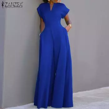 ZANZEA Женский элегантный длинный комбинезон, повседневные широкие брюки с короткими рукавами S чёрный