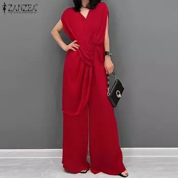 ZANZEA женский элегантный длинный комбинезон с широкими брюками, повседневный свободный комбинезон с v-образным вырезом и короткими рукавами