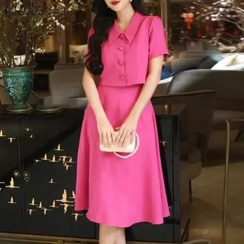 ZANZEA женский элегантный топ с рубашкой и короткими рукавами на пуговицах, костюм с юбкой трапециевидной формы 5XL ярко-розовый
