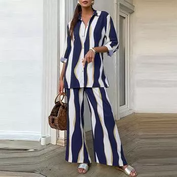 ZANZEA Женский Блуза с длинным рукавом и брюки Повседневный костюм-двойка с принтом 3XL синий