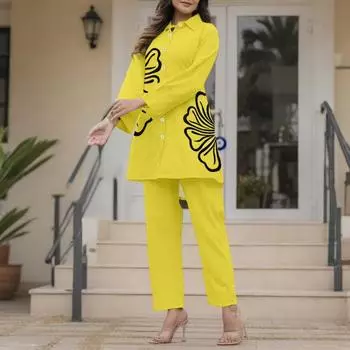 ZANZEA Женский Блузка с длинным рукавом и принтом и брюки Повседневные костюмы-двойки S