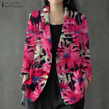 ZANZEA Женский длинный рукав Хлопок Льняной тонкий кардиган с принтом Женская верхняя одежда 5XL синий