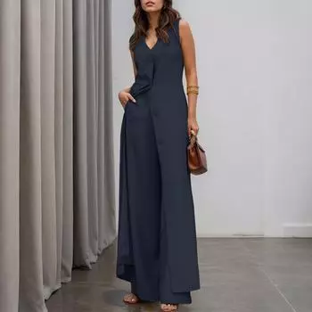 ZANZEA Женский длинный жилет без рукавов и брюки повседневный комплект из двух частей S тёмно-синий