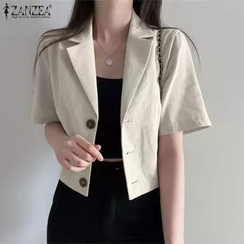 ZANZEA женский кардиган с короткими рукавами и зубчатыми лацканами, однотонная летняя короткая тонкая верхняя одежда