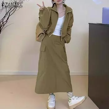 ZANZEA Женский кардиган Тонкий Верхняя одежда и юбки Повседневный комплект из двух предметов S хаки