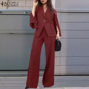 ZANZEA Женский кардиган, топы и брюки, повседневные комплекты из двух частей M вино красного