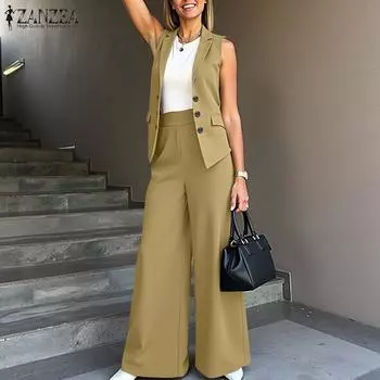 ZANZEA Женский кардиган, жилет и брюки, повседневный комплект из двух предметов S чёрный