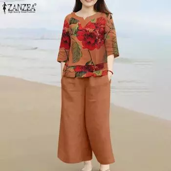 ZANZEA Женская блузка с рукавами 3/4 и брюки с цветочным принтом, комплект из двух предметов S бежевый