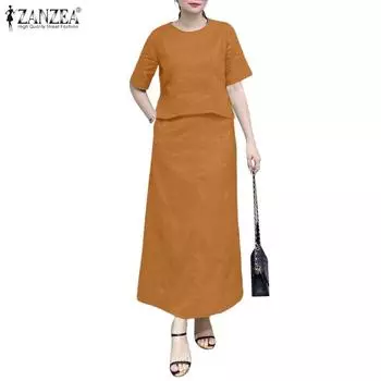 ZANZEA Женский комплект из двух предметов: блузка с коротким рукавом и длинная юбка в стиле ретро S коричневый