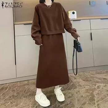 ZANZEA Женский комплект из толстовки и длинной юбки, комплект из двух предметов S чёрный