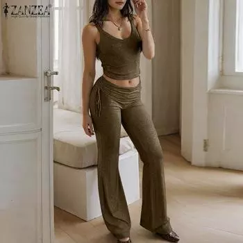 ZANZEA Женский винтажный комплект из круглого выреза без рукавов с расклешенными брюками и жилетом на завязках 3XL серый