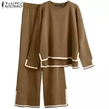 ZANZEA Женский костюм-двойка Повседневная блузка и брюки Весенние наряды S коричневый