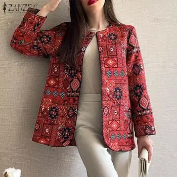 ZANZEA женский круглый вырез, плечо, длинный рукав, открытые лацканы, однотонный свободный пиджак с принтом