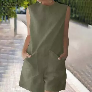 ZANZEA женский летний хлопковый комбинезон без рукавов с карманами и шортами