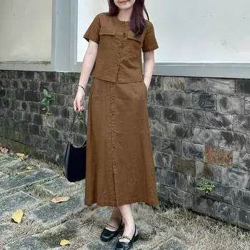 ZANZEA Женский летний комплект из двух частей: блузка с коротким рукавом и длинные юбки S коричневый