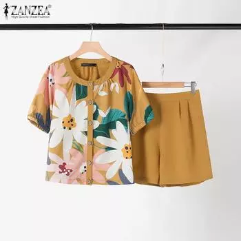 ZANZEA Женский летний комплект из двух частей: блузка с цветочным принтом и шорты S