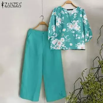 ZANZEA Женский летний комплект из двух частей: блузка с цветочным принтом и брюки 3XL ярко-розовый