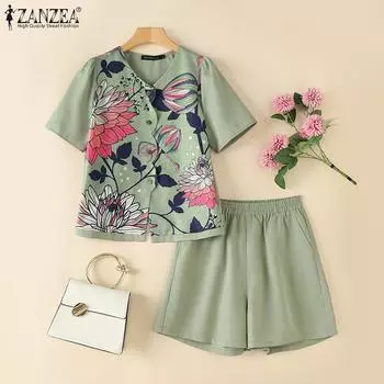 ZANZEA Женский летний комплект из двух частей: блузка с цветочным принтом и шорты S зелёный
