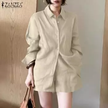 ZANZEA Женский летний комплект из двух частей: блузка с длинным рукавом и шорты S коричневый