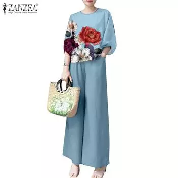 ZANZEA Женский летний комплект из двух частей: блузка с цветочным принтом и брюки S розовый