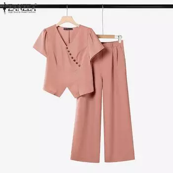 ZANZEA Женский летний комплект из двух частей: блузка с коротким рукавом и брюки S хаки