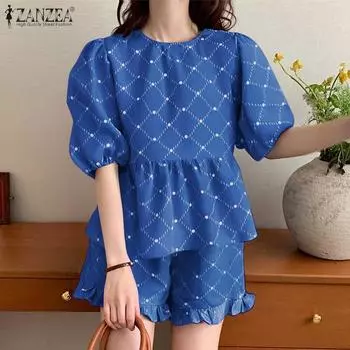 ZANZEA Женский летний комплект из двух предметов: блузка с коротким рукавом и шорты S синий