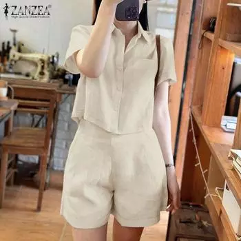ZANZEA Женский летний комплект из двух предметов: блузка с коротким рукавом и шорты S бежевый