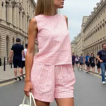 ZANZEA Женский летний комплект из круглого выреза без рукавов с полосатым жилетом и карманами с шортами L розовый