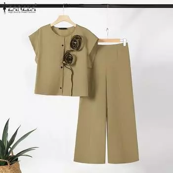 ZANZEA Женский летний комплект из рубашки с круглым вырезом и коротким рукавом с трехмерным цветочным принтом и брюками широкого кроя S чёрный