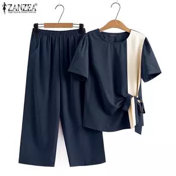 ZANZEA Женский летний комплект из широких брюк с круглым вырезом и короткими рукавами S фиолетовый