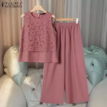 ZANZEA Женский летний комплект из широких брюк с круглым вырезом и без рукавов, кружевной жилет с карманами M чёрный